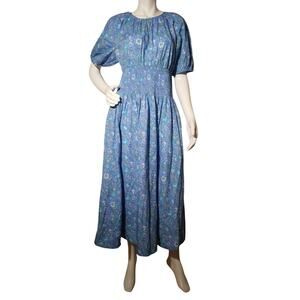 J.Crew Floral Midi Dress Smocked Waist Blue Green Size M